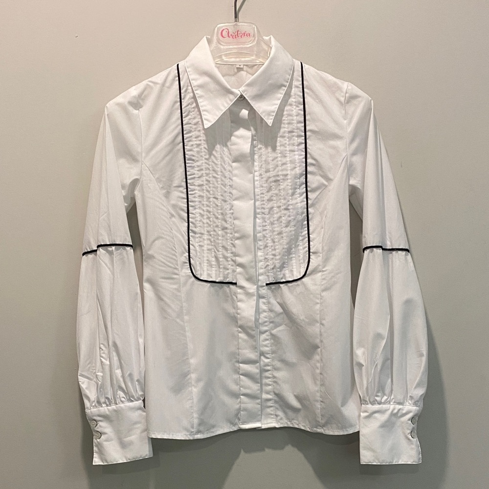 White Long Sleeve Blouse with Black Trim Size Small, Classic Chic Style - Picture 5 of 14